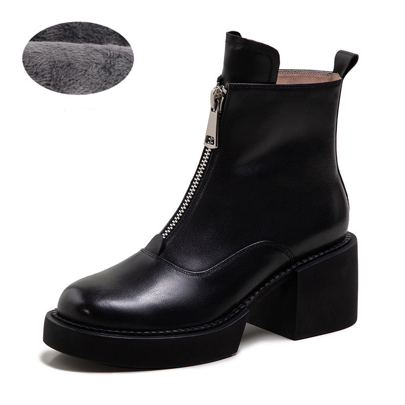 Women's Leather Platform Thick Heel Ankle Boots
